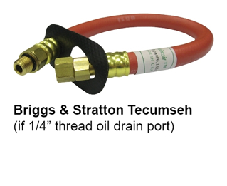 Side view of an oil changing aid; specific for Briggs and Stratton Tecumseh. Only if the oil drain port has a 1/4 inch thread