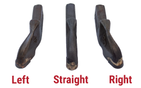 side view of a hand holding a left, right and straight tooth